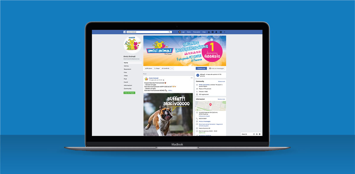 facebook-profilo-advertising-post Amici Animali - Progettazione e promozione del lancio di un punto vendita.